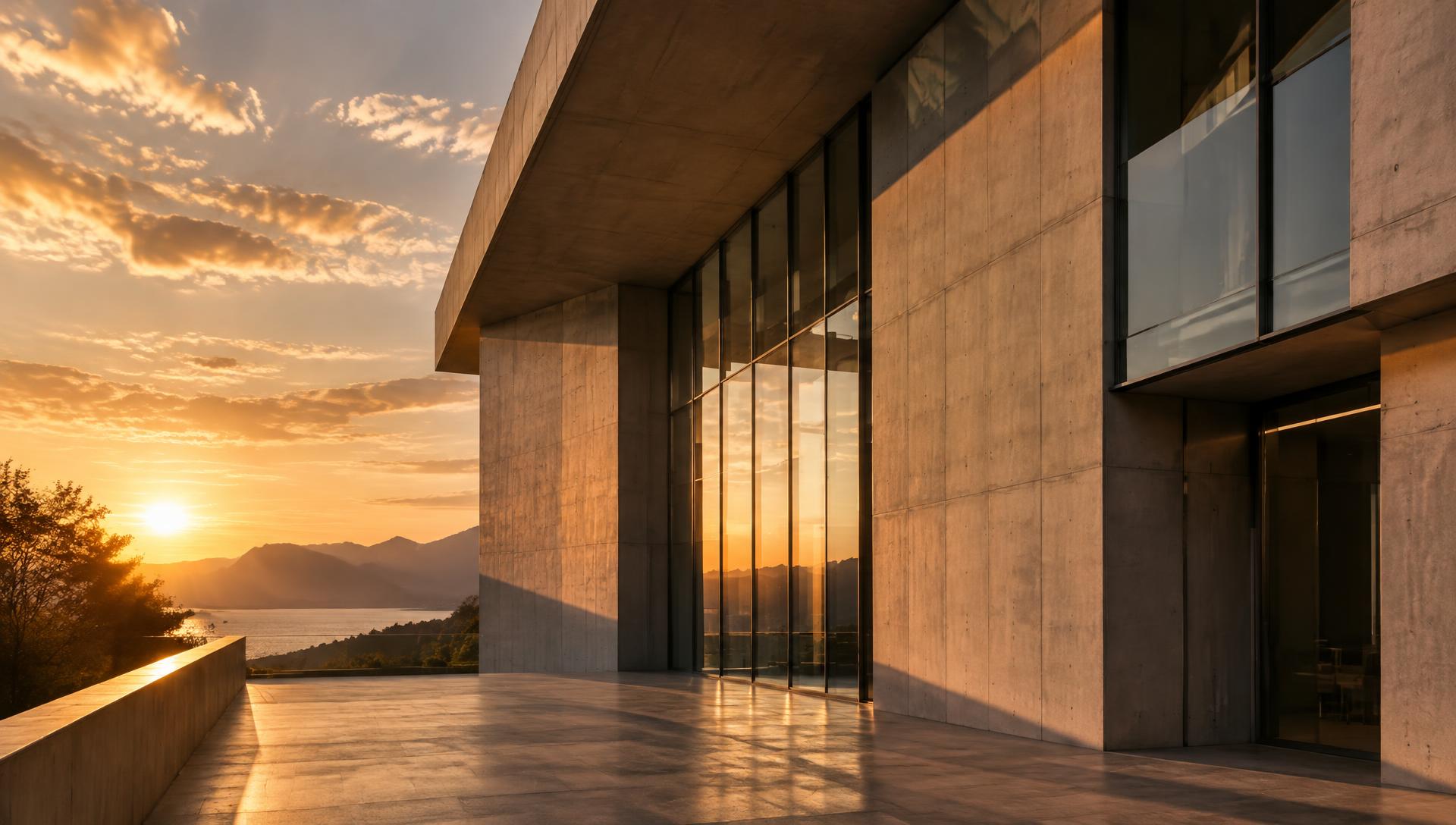 Modern concrete and glass architecture at sunset